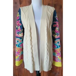 Flying Tomato M Cream Boho Cardigan Floral Paisley Sleeves Cable Knit Sweater